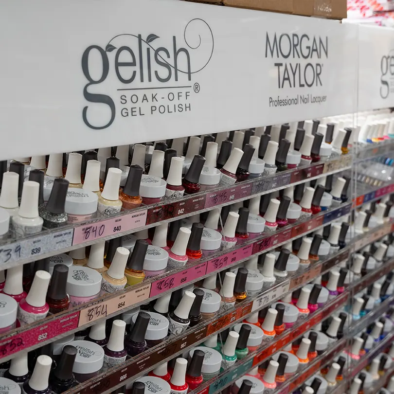 Gelish and Morgan Taylor gel polish wall at Pike Beauty Supply